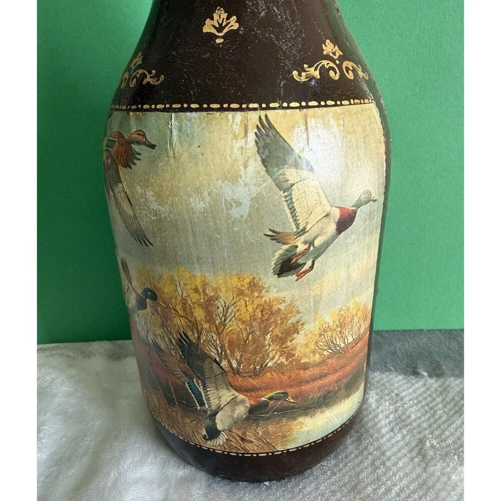 Genuine Leather Wrapped Wine Decanter Bottle Fausto Corduri Italy Duck Scene